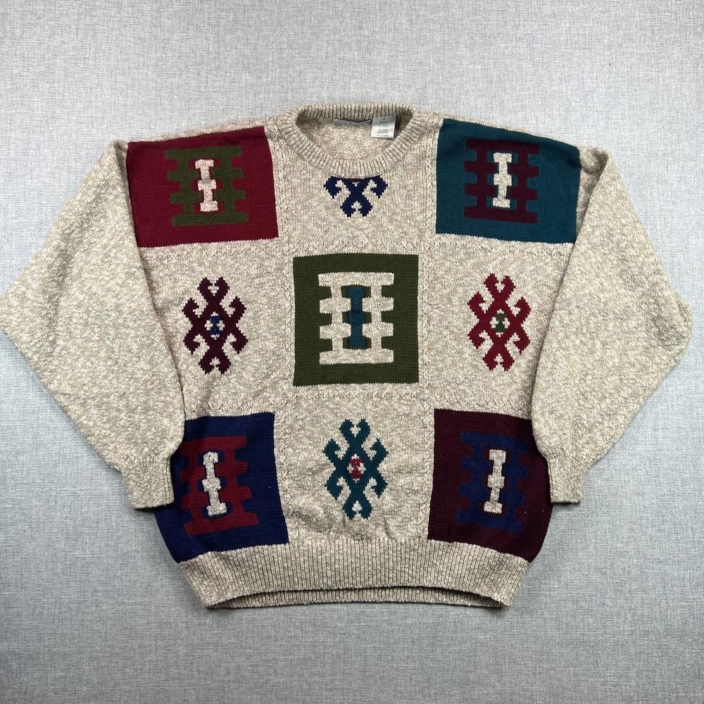 VTG Y2K Claiborne Southwest Geometric Knit Sweater Men XL Beige Cottage Retro